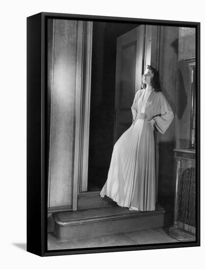 Actress Katharine Hepburn in Costume on the Set of Her Broadway Play "The Philadelphia Story"-Alfred Eisenstaedt-Framed Stretched Canvas