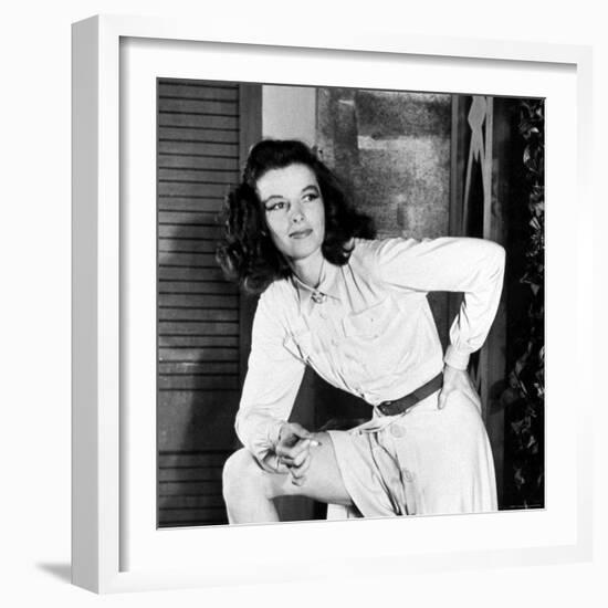 Actress Katharine Hepburn on the Set of Her Broadway Play "The Philadelphia Story"-Alfred Eisenstaedt-Framed Premium Photographic Print