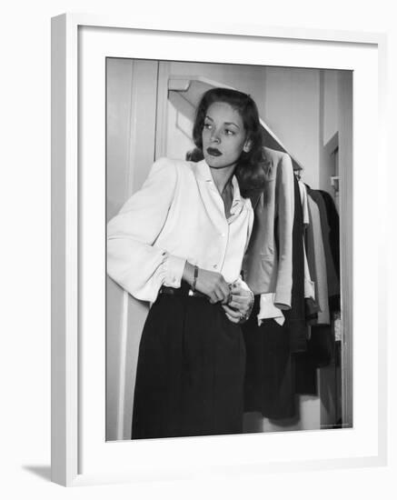 Actress Lauren Bacall at Gotham Hotel-Nina Leen-Framed Premium Photographic Print