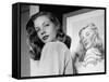 Actress Lauren Bacall Posing in Front of Portrait Drawing of Herself in Suite at the Gotham Hotel-Nina Leen-Framed Stretched Canvas