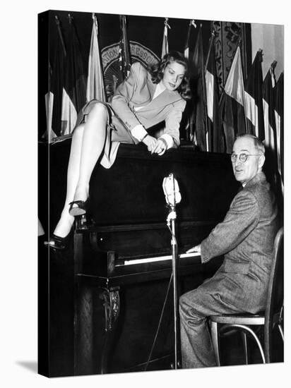 Actress Lauren Bacall Sits Atop the Piano While Vice President Harry Truman Plays-null-Stretched Canvas