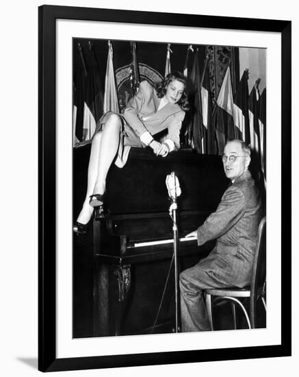 Actress Lauren Bacall Sits Atop the Piano While Vice President Harry Truman Plays-null-Framed Photo