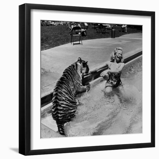 Actress Marilyn Maxwell Playing with a Tiger in a Pool-Allan Grant-Framed Premium Photographic Print