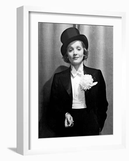 Actress Marlene Dietrich Wearing Tuxedo, Top Hat, and Holding Cigarette at Ball for Foreign Press-Alfred Eisenstaedt-Framed Premium Photographic Print