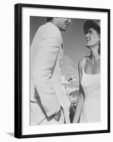 Actress Melina Mercouri and Tony Perkins in Greece to Make Movie "S.S. Phaedra"-James Burke-Framed Premium Photographic Print