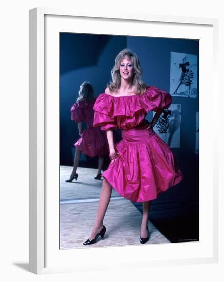 Actress Morgan Fairchild Wearing Pink Dress, Reflected by Mirror-David Mcgough-Framed Premium Photographic Print