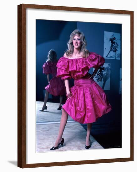 Actress Morgan Fairchild Wearing Pink Dress, Reflected by Mirror-David Mcgough-Framed Premium Photographic Print