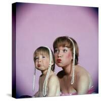 Actress Shirley MacLaine and Daughter Sachi Parker Pouting with String of Pearls on Their Heads-Allan Grant-Stretched Canvas