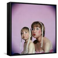 Actress Shirley MacLaine and Daughter Sachi Parker Pouting with String of Pearls on Their Heads-Allan Grant-Framed Stretched Canvas