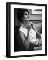 Actress Sophia Loren Fingering Her Pearl Necklace-Alfred Eisenstaedt-Framed Premium Photographic Print