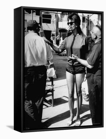 Actress Sophia Loren in Sunglasses, Bathing Suit and Sandals During Filming of "Madame Sans Gene"-Alfred Eisenstaedt-Framed Stretched Canvas