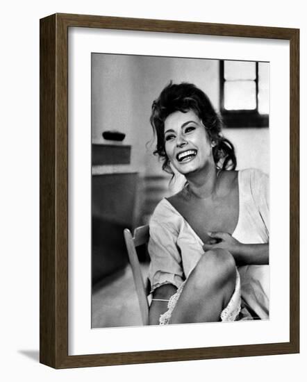 Actress Sophia Loren Laughing While Exchanging Jokes During Lunch Break on a Movie Set-Alfred Eisenstaedt-Framed Premium Photographic Print