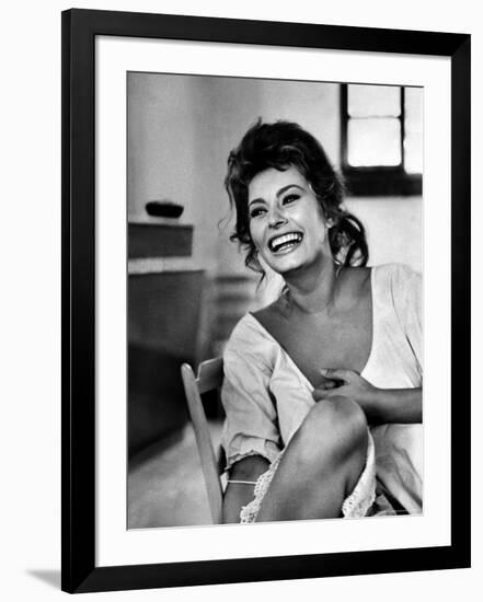 Actress Sophia Loren Laughing While Exchanging Jokes During Lunch Break on a Movie Set-Alfred Eisenstaedt-Framed Premium Photographic Print