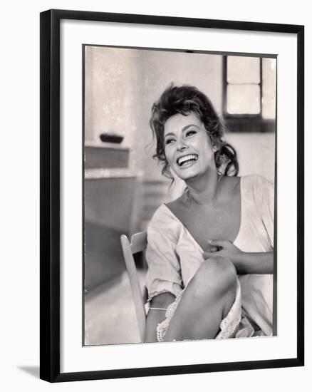 Actress Sophia Loren Laughing While Exchanging Jokes During Lunch Break on Madame Movie Set-Alfred Eisenstaedt-Framed Premium Photographic Print