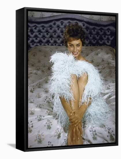 Actress Sophia Loren Wearing Feather Boa Posing in Her Bedroom-Loomis Dean-Framed Stretched Canvas