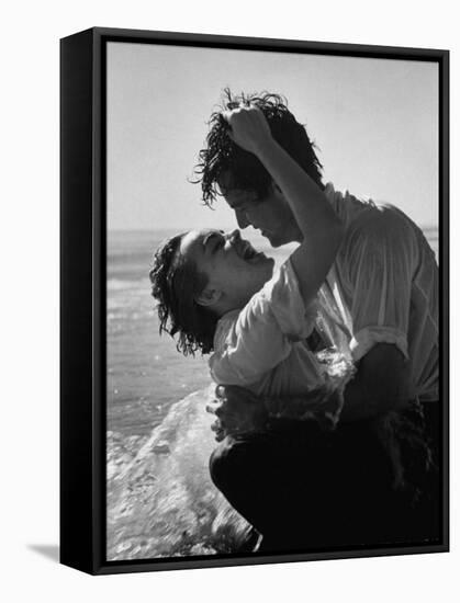 Actress Terry Moore Hugging Actor Robert Wagner on the Beach-George Silk-Framed Stretched Canvas