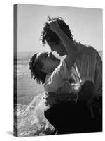 Actress Terry Moore Hugging Actor Robert Wagner on the Beach-George Silk-Stretched Canvas