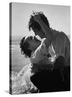 Actress Terry Moore Hugging Actor Robert Wagner on the Beach-George Silk-Stretched Canvas