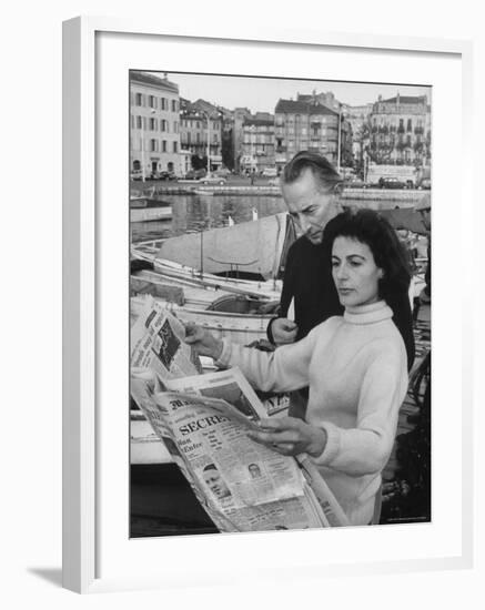Actress Yvonne Mitchell and Husband Derek Monsey, Reading London Paper During Visit to Cannes-Loomis Dean-Framed Premium Photographic Print