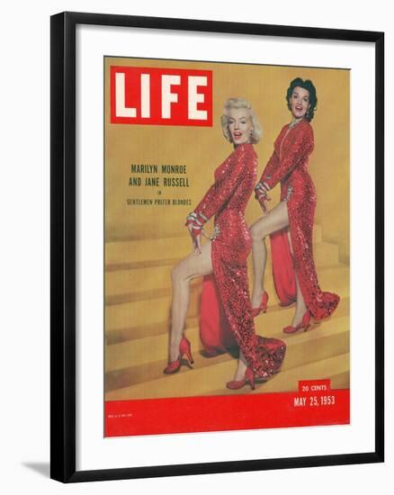 Actresses Marilyn Monroe and Jane Russell in Scene from "Gentlemen Prefer Blondes", May 25, 1953-Ed Clark-Framed Photographic Print