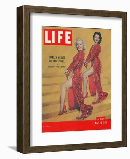 Actresses Marilyn Monroe and Jane Russell in Scene from "Gentlemen Prefer Blondes", May 25, 1953-Ed Clark-Framed Photographic Print