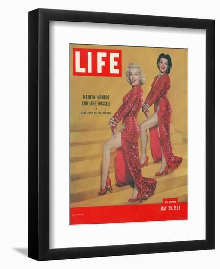 Actresses Marilyn Monroe and Jane Russell in Scene from "Gentlemen Prefer Blondes", May 25, 1953-Ed Clark-Framed Premium Photographic Print