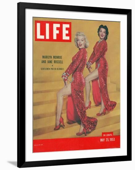 Actresses Marilyn Monroe and Jane Russell in Scene from "Gentlemen Prefer Blondes", May 25, 1953-Ed Clark-Framed Photographic Print