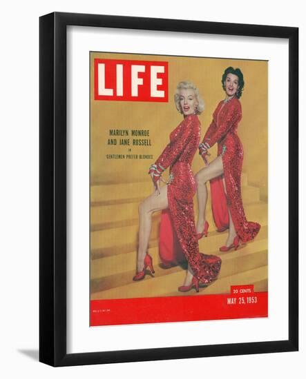 Actresses Marilyn Monroe and Jane Russell in Scene from "Gentlemen Prefer Blondes", May 25, 1953-Ed Clark-Framed Photographic Print