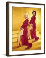 Actresses Marilyn Monroe and Jane Russell Wearing Gowns Designed by Travilla Pose for Publicity-Ed Clark-Framed Premium Photographic Print