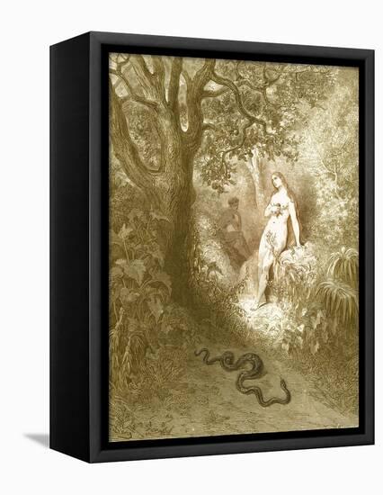Adam and Eve and Snake by Dore-Science Source-Framed Stretched Canvas
