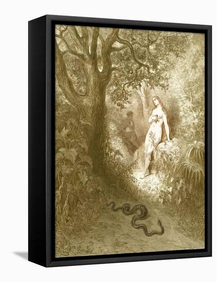 Adam and Eve and Snake by Dore-Science Source-Framed Stretched Canvas