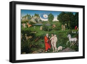 Adam and Eve in the Garden of Eden, 1530 (Oil on Panel)-Lucas Cranach the Elder-Framed Giclee Print