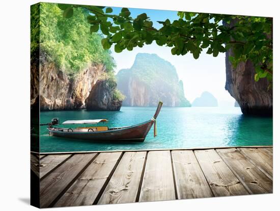 Adaman Sea and Wooden Boat in Thailand-Iakov Kalinin-Stretched Canvas