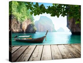 Adaman Sea and Wooden Boat in Thailand-Iakov Kalinin-Stretched Canvas
