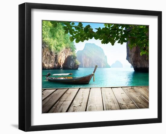 Adaman Sea and Wooden Boat in Thailand-Iakov Kalinin-Framed Photographic Print