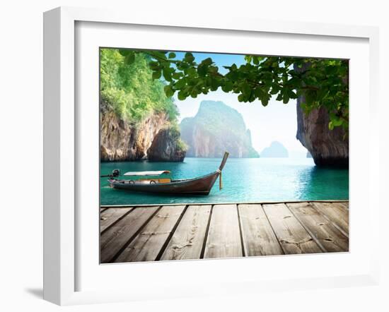 Adaman Sea and Wooden Boat in Thailand-Iakov Kalinin-Framed Photographic Print