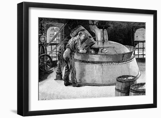 Adding Hops to Boiling Beer in an American Brewery, 1885-null-Framed Giclee Print