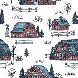 Farm Country Seamless Pattern. Cute Houses Background. Engraved Style Illustration. Vector Illustra-adehoidar-Art Print