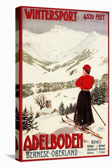 Adelboden, Switzerland - Woman Skier Overlooking Adelboden Poster-Lantern Press-Stretched Canvas