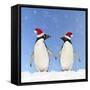 Adelie Penguin Holding Hands Wearing Christmas Hats-null-Framed Stretched Canvas