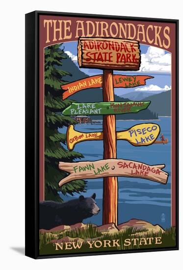 Adirondack, New York - Indian Lake Signpost Destinations-Lantern Press-Framed Stretched Canvas