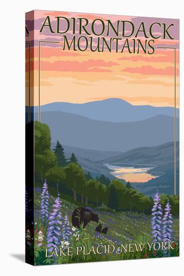 Adirondacks Mountains - Lake Placid, New York - Bears and Spring Flowers-Lantern Press-Stretched Canvas