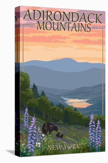 Adirondacks Mountains, New York State - Bears and Spring Flowers-Lantern Press-Stretched Canvas