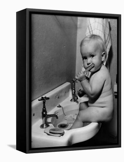 Adorable Baby Brushing Teeth While Sitting in Sink-null-Framed Stretched Canvas