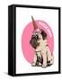 Adorable Beige Puppy Pug in a Ice Cream Party Cap on a Pink Background. Pugicorn - Lettering Quote.-null-Framed Stretched Canvas