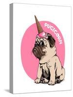 Adorable Beige Puppy Pug in a Ice Cream Party Cap on a Pink Background. Pugicorn - Lettering Quote.-null-Stretched Canvas