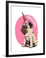 Adorable Beige Puppy Pug in a Ice Cream Party Cap on a Pink Background. Pugicorn - Lettering Quote.-null-Framed Art Print