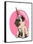 Adorable Beige Puppy Pug in a Ice Cream Party Cap on a Pink Background. Pugicorn - Lettering Quote.-null-Framed Stretched Canvas