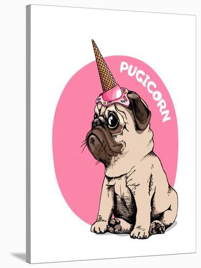 Adorable Beige Puppy Pug in a Ice Cream Party Cap on a Pink Background. Pugicorn - Lettering Quote.-null-Stretched Canvas