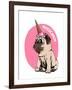 Adorable Beige Puppy Pug in a Ice Cream Party Cap on a Pink Background. Pugicorn - Lettering Quote.-null-Framed Art Print